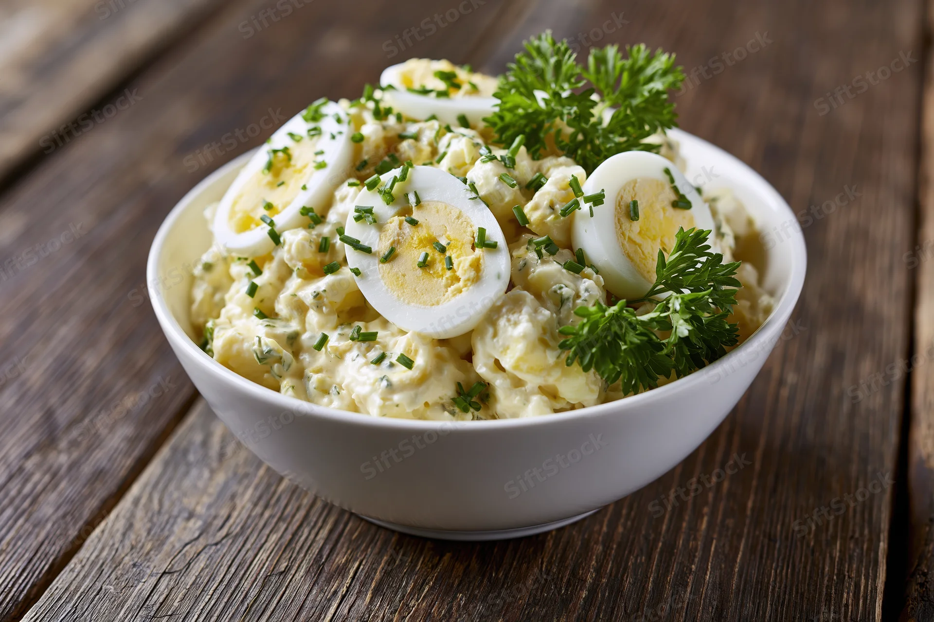 Creamy egg salad in a white ceramic bowl topped with sliced hardboiled eggs and fresh herbs on a wooden table