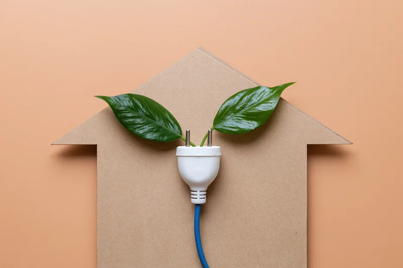 White electrical plug with blue cord styled as a plant stem emerging from cardboard house shape with green leaves on peach background