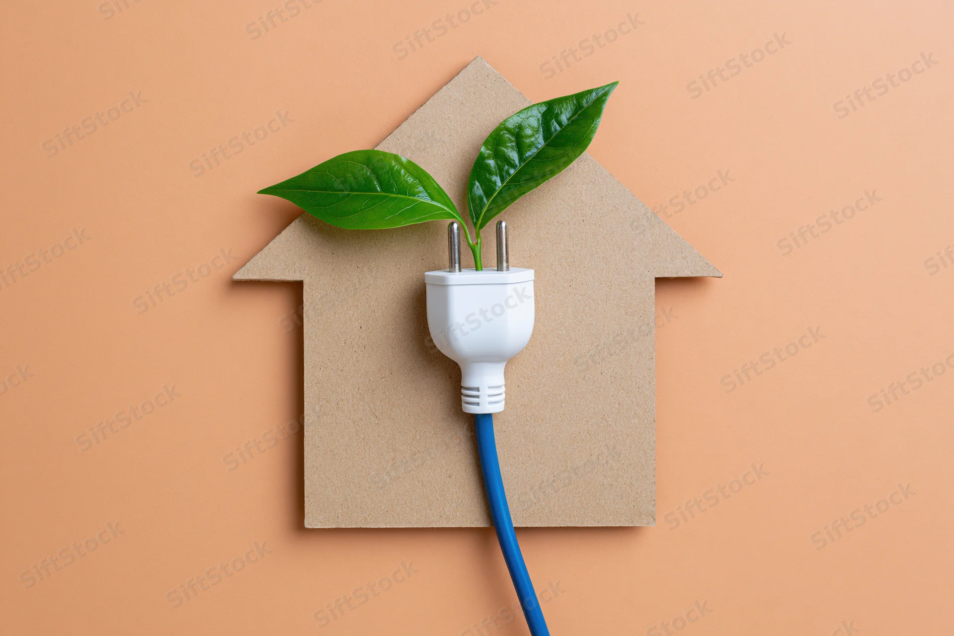 White electrical plug with blue cord and green leaves growing from it, placed on cardboard house shape against peach background