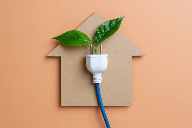 White electrical plug with blue cord and green leaves growing from it, placed on cardboard house shape against peach background