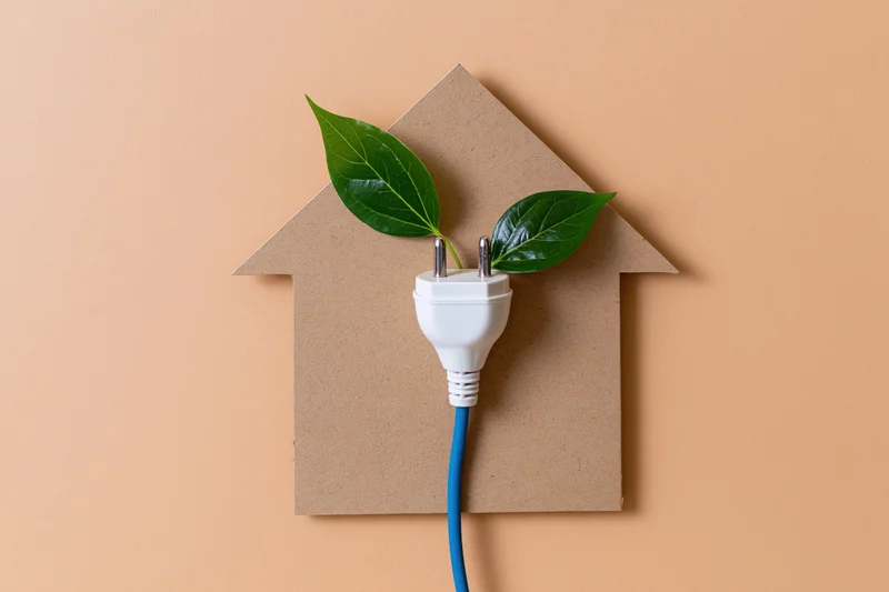 White plug with blue cord styled as a plant stem growing from cardboard house shape with green leaves