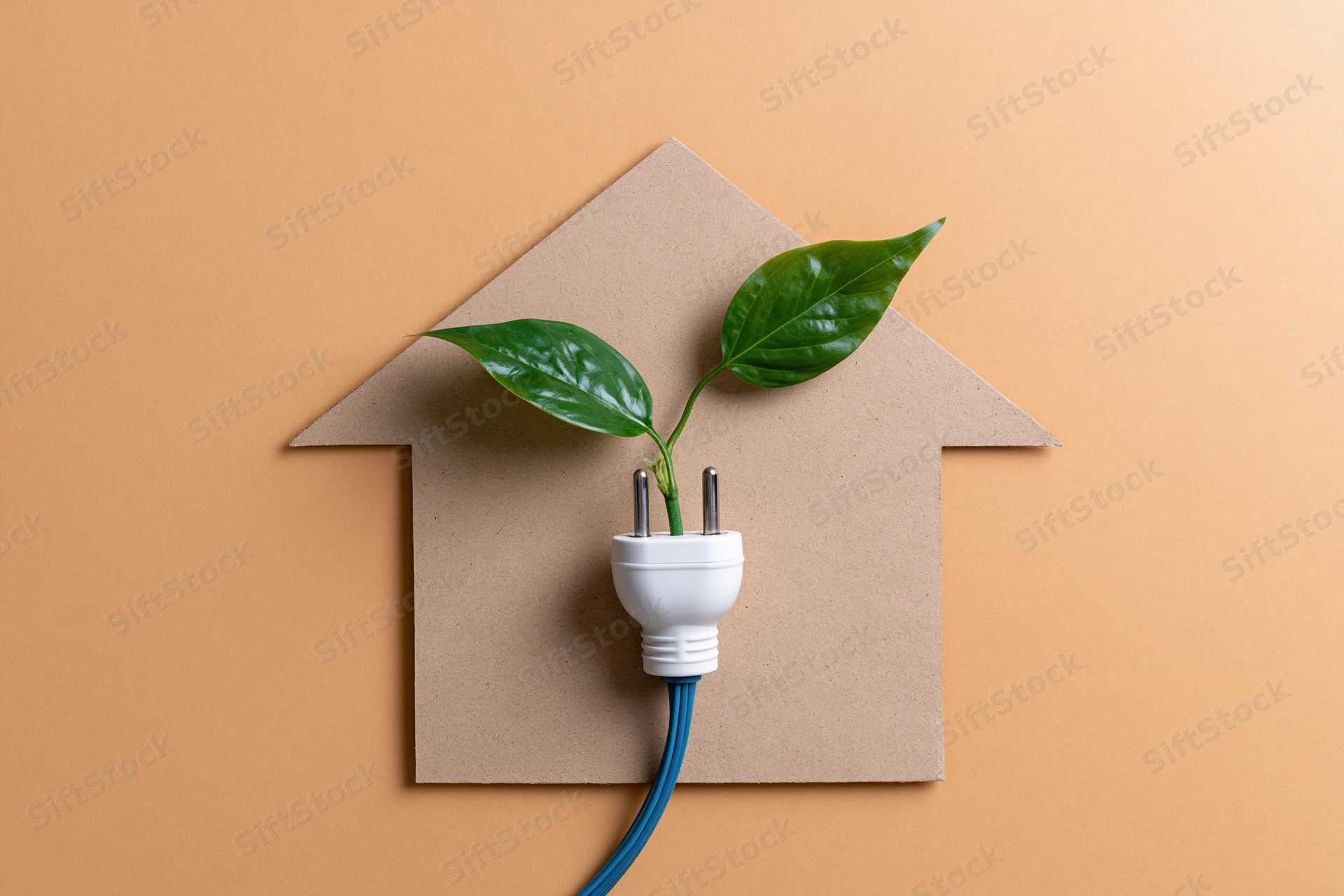White electrical plug with blue cord and green plant sprout emerging from it, placed on cardboard house shape against orange background