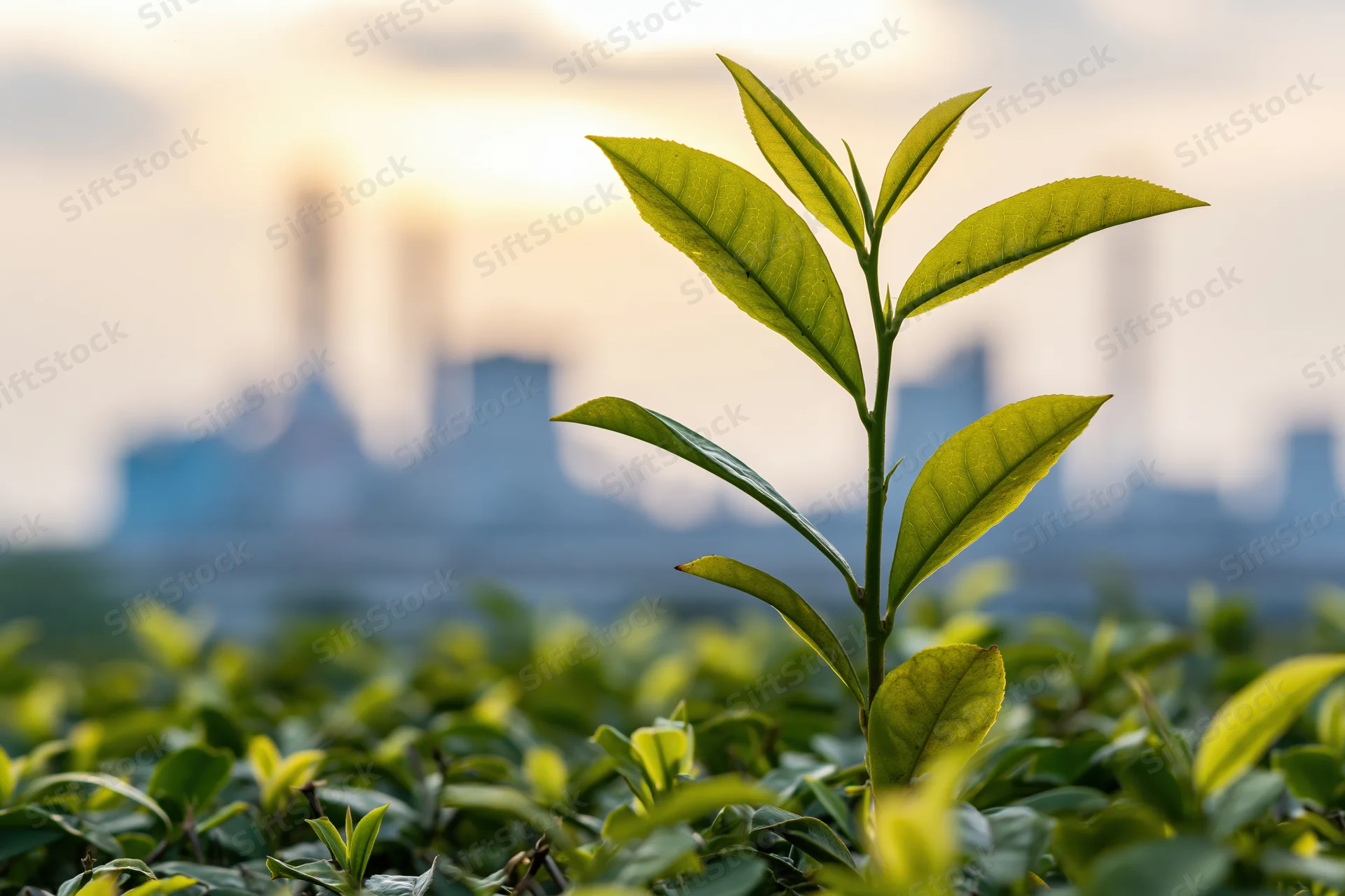 Young green tea plant shoot rising above dense crop field with blurred cityscape in background
