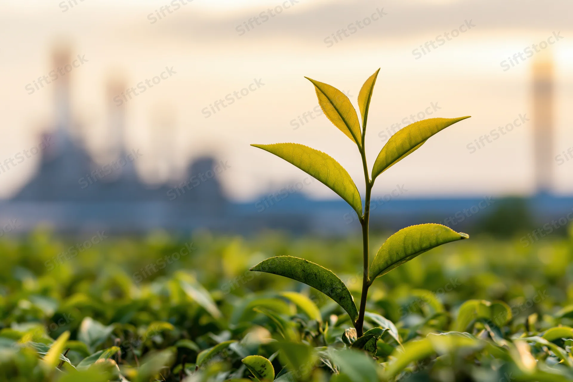 Young green tea plant shoot rising above dense crop field with blurred industrial structures in background