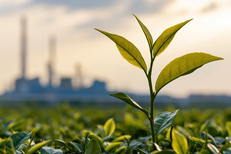 Young green tea plant shoot rising above dense tea field with industrial facility in blurred background