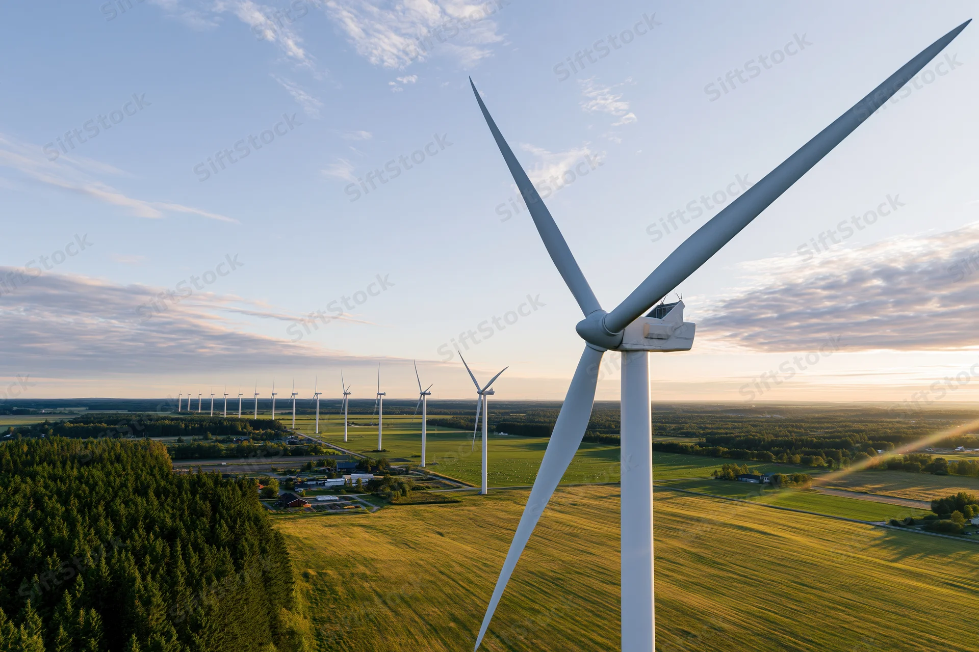 Aerial view of wind turbines in a rural field at sunset