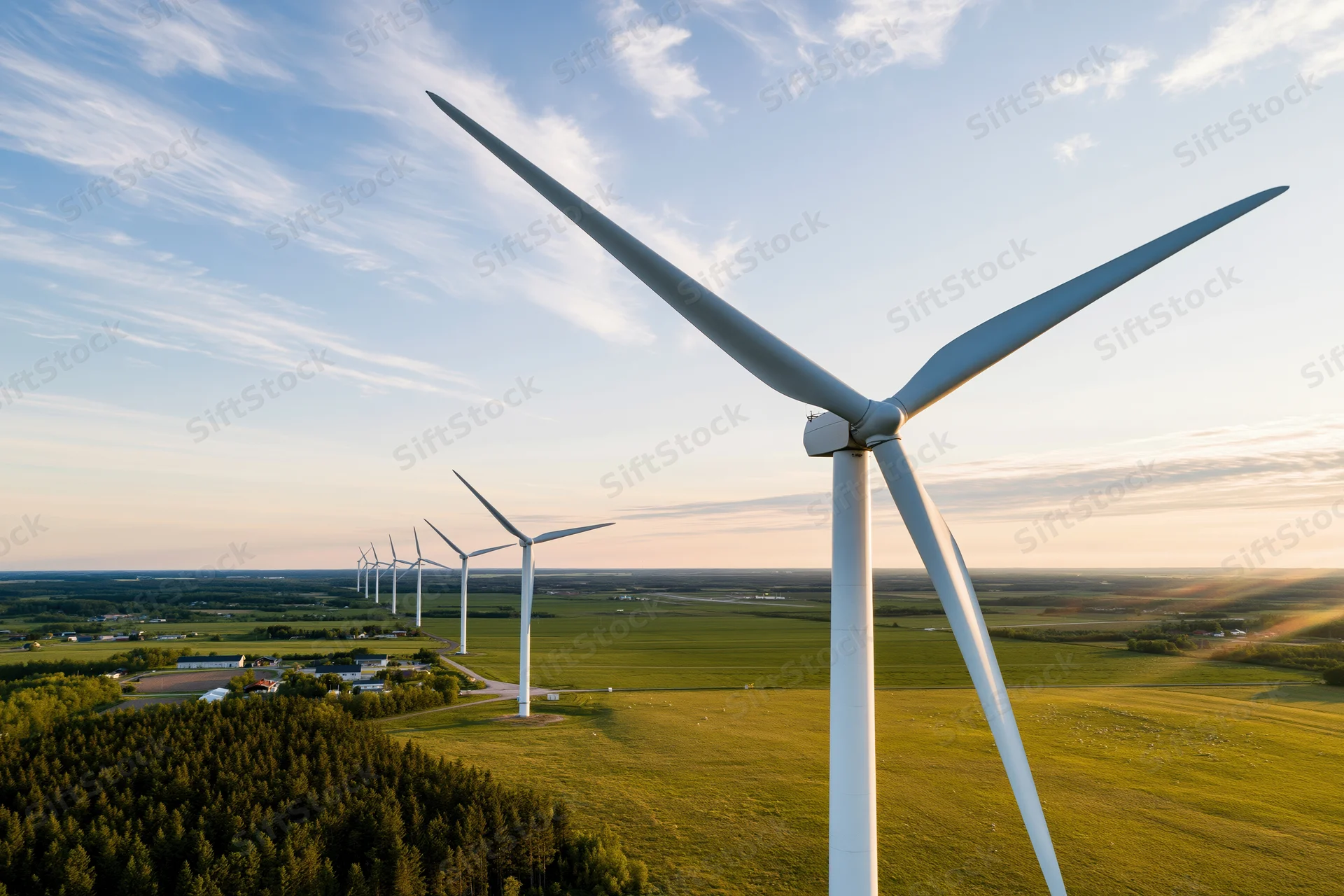 Wind turbines in a row across a green field under a blue sky at sunset