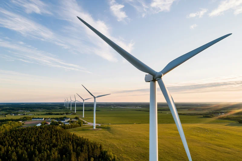 Wind turbines in a row across a green field under a blue sky at sunset