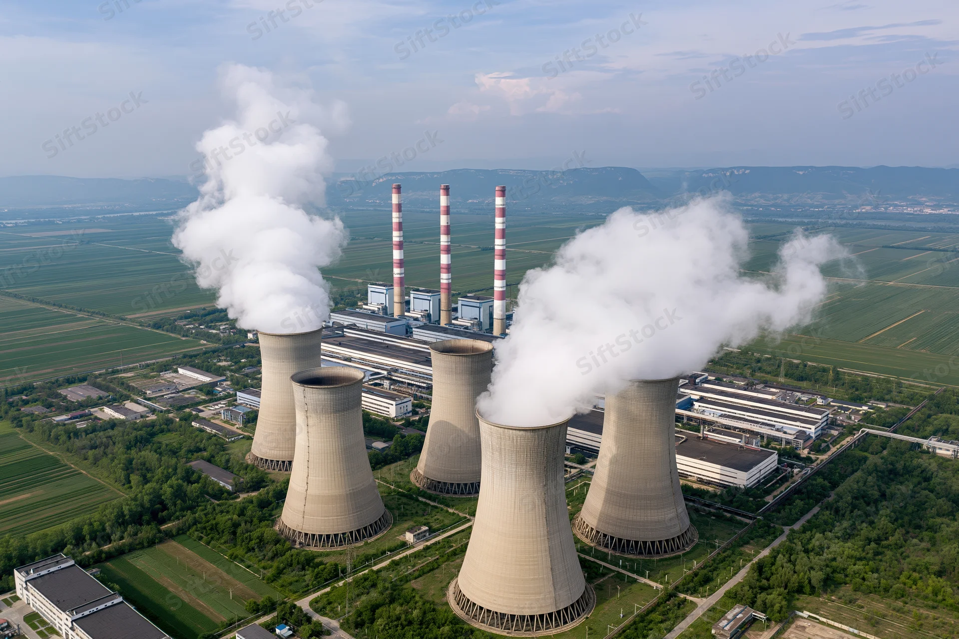 Aerial view of coal-fired powerplant with cooling towers emitting steam over rural farmland
