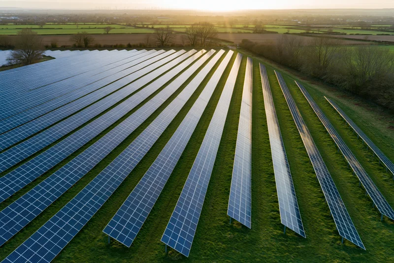 Rows of solar panels arranged in a field viewed from above at sunset