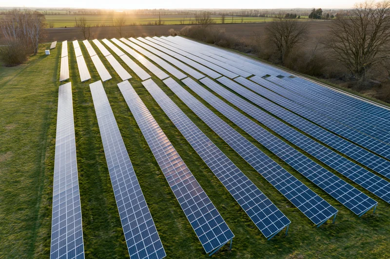 Rows of solar panels arranged in a field viewed from above during golden hour