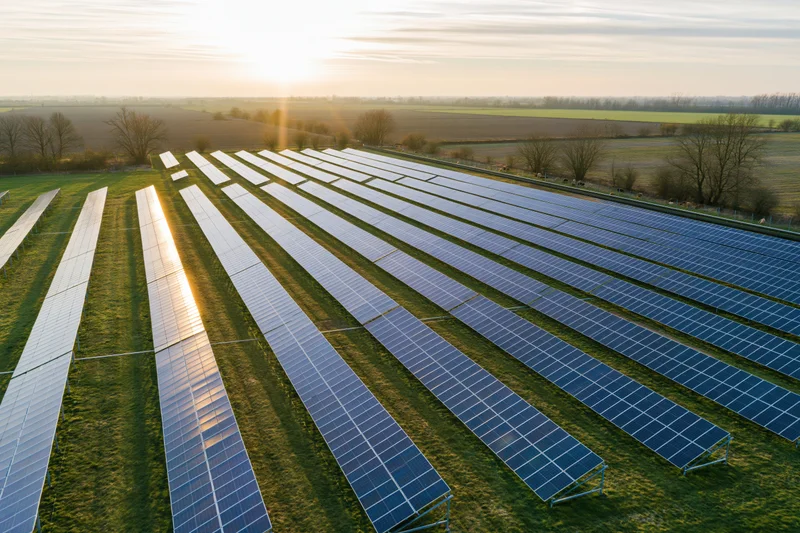 Rows of solar panels arranged in a field during sunset viewed from above
