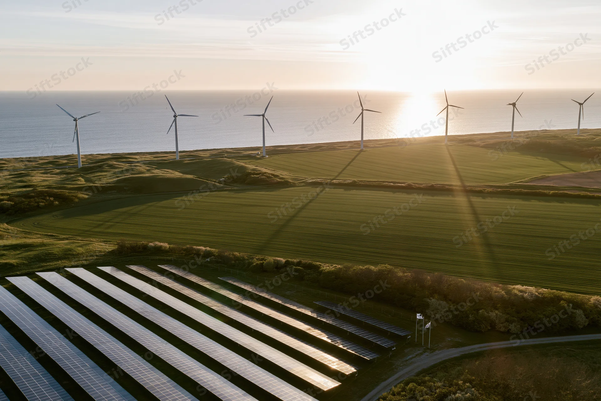 Rows of solar panels and wind turbines on a coastal field at sunset