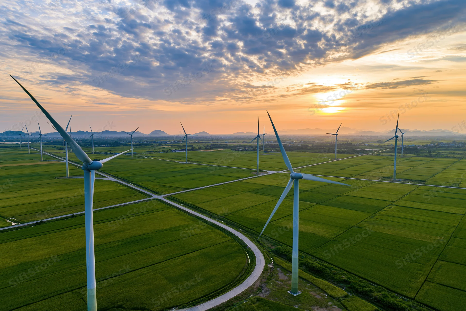 Wind turbines spread across a flat green rice field at sunset with distant mountains and winding paths
