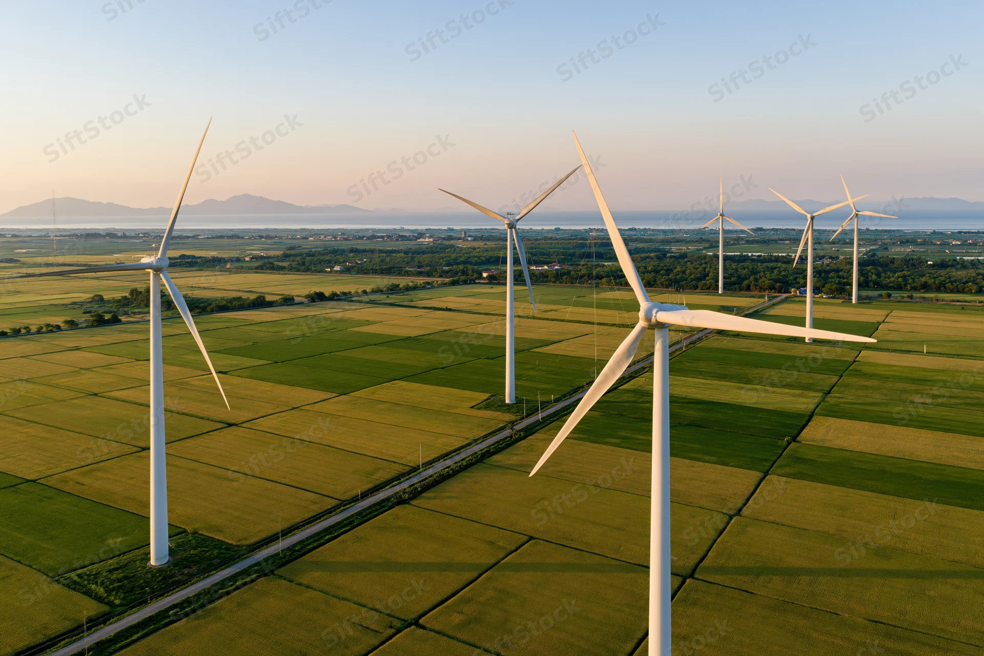 Wind turbines standing across flat green farmland under golden sky with distant mountains