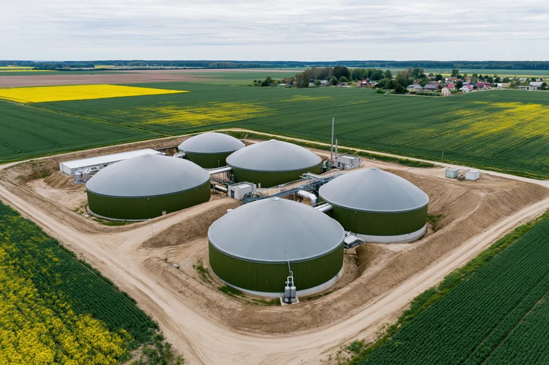 Aerial view of biogas plant with multiple digesters surrounded by farmland and canola fields