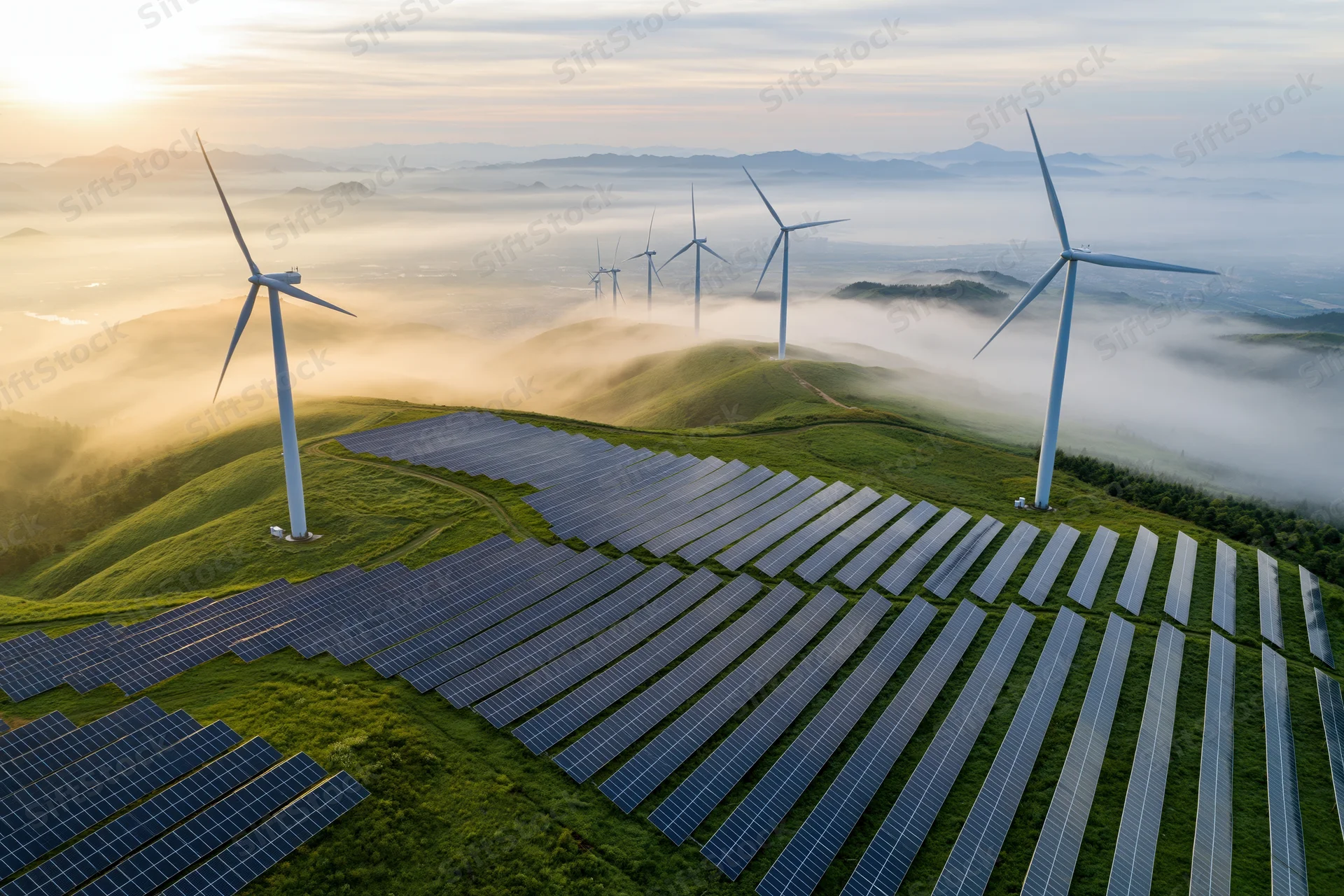 Aerial view of wind turbines and solar panels on rolling hills at sunrise