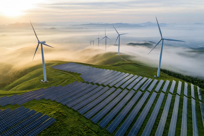 Aerial view of wind turbines and solar panels on rolling hills at sunrise