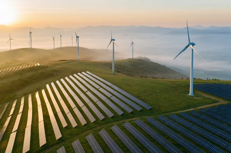 Aerial view of solar panels and wind turbines on rolling hills at sunrise