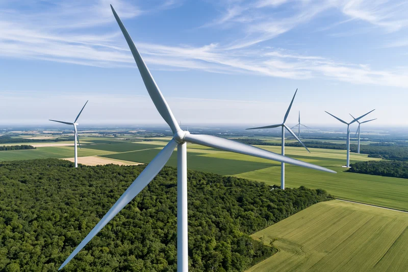 Aerial view of wind turbines in a rural landscape with fields and forest under a blue sky