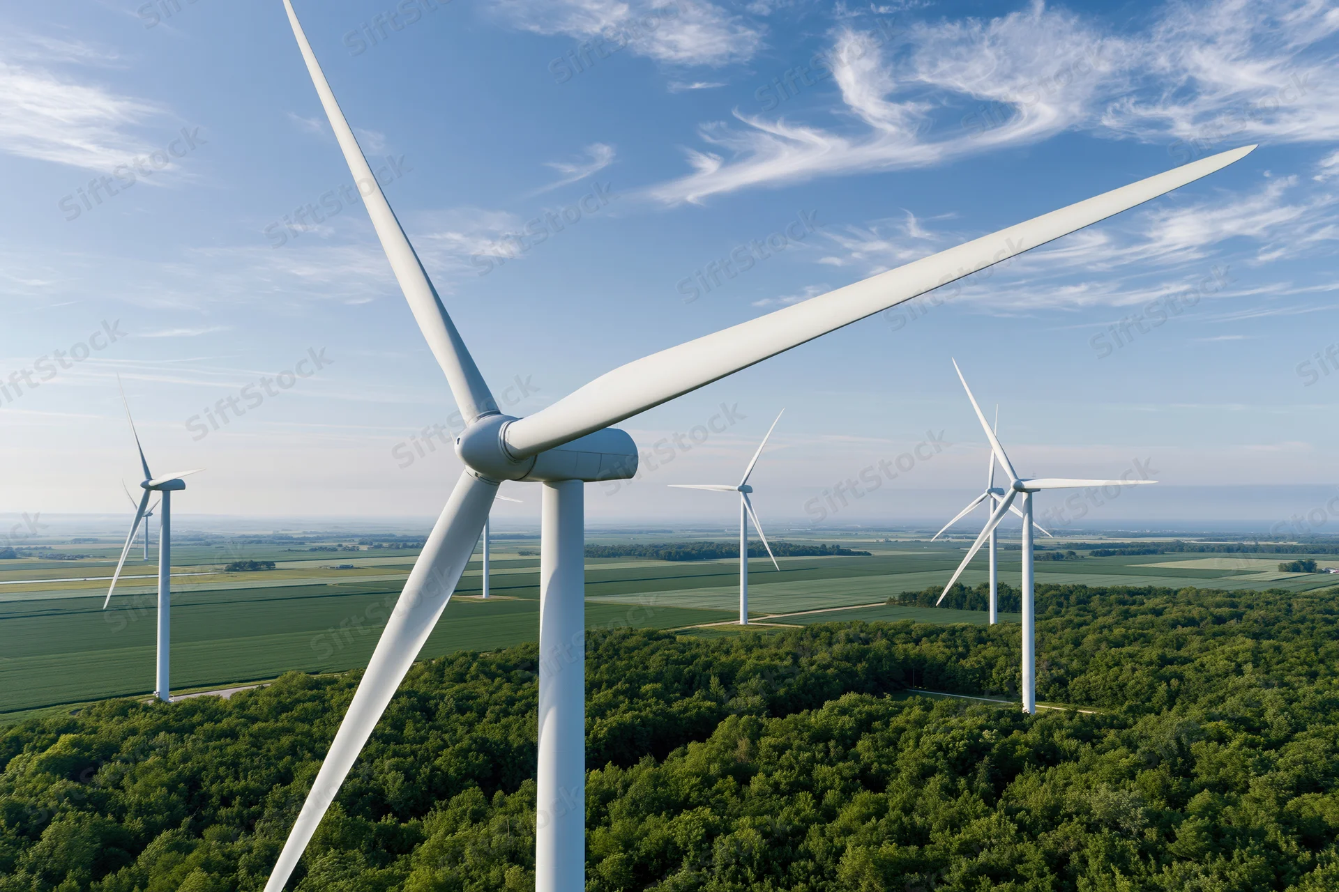 Large wind turbine dominating aerial view over forest and farmland with multiple turbines in background