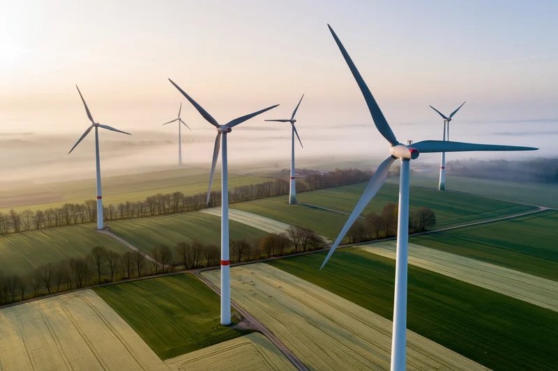 Wind turbines standing in a green agricultural field under a misty morning sky, viewed from above