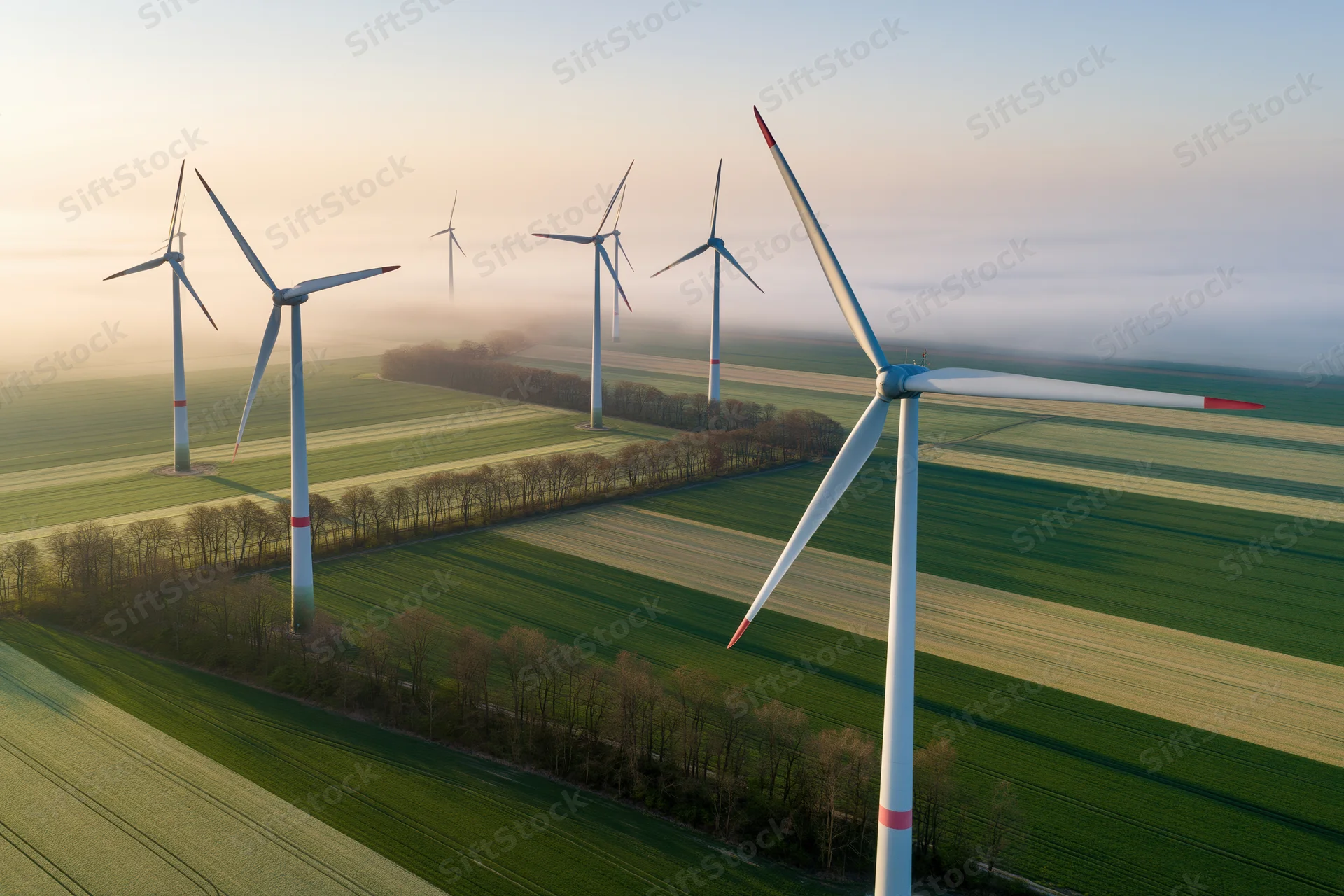 Wind turbines arranged in a line across a green agricultural field viewed from above at sunrise