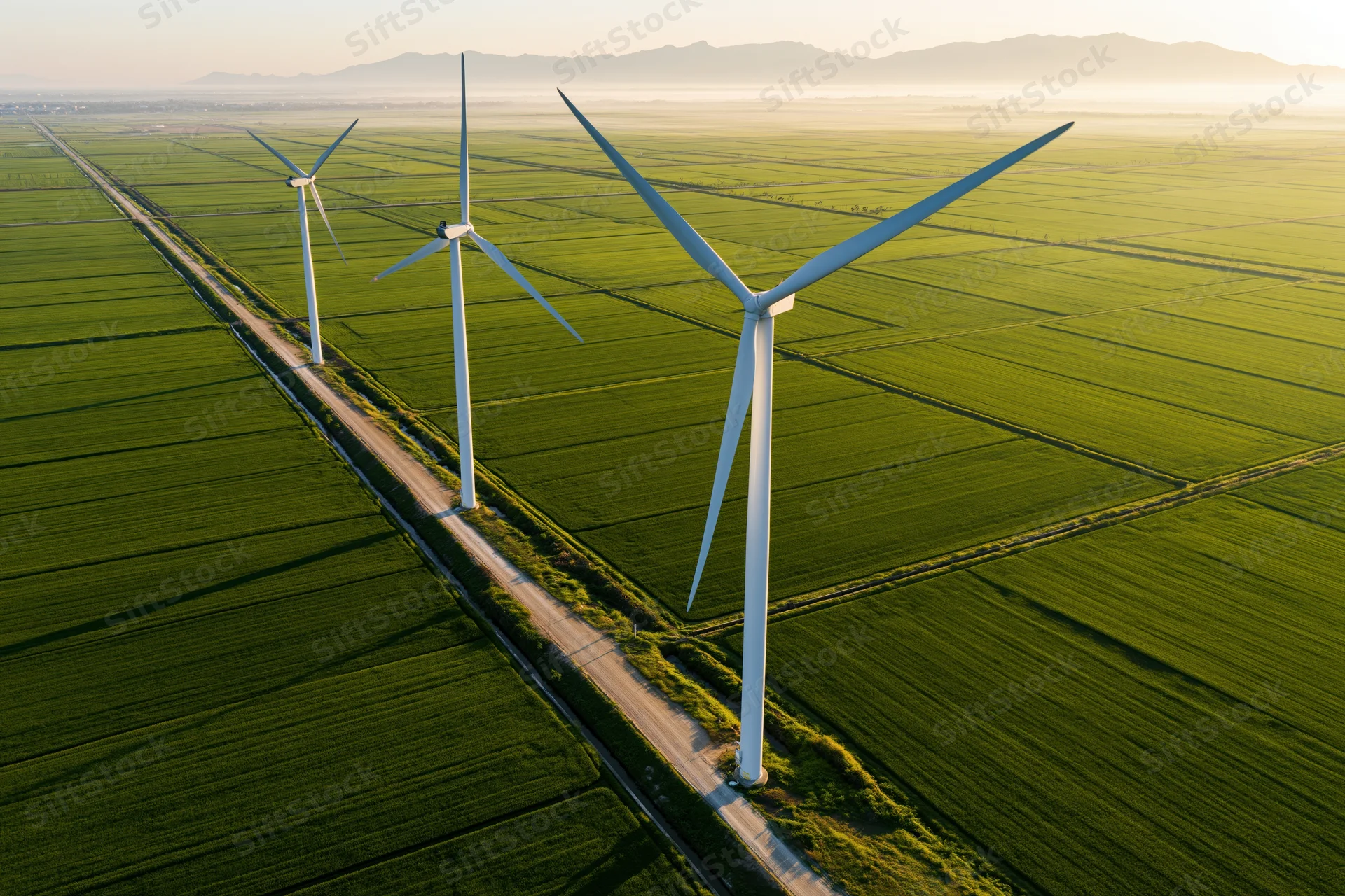 Three wind turbines aligned along a rural road through green farmland at sunrise