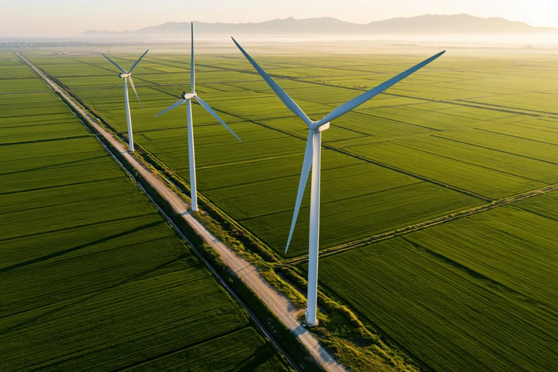 Three wind turbines aligned along a rural road through green farmland at sunrise