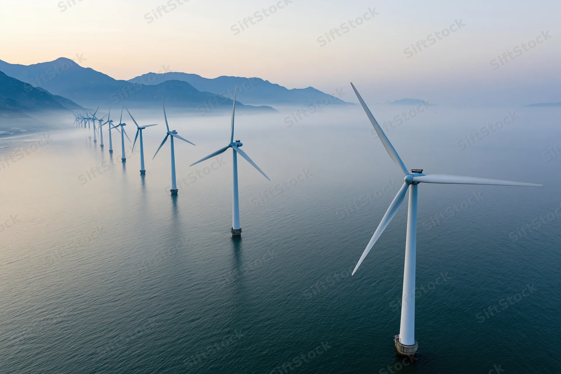 Row of offshore wind turbines standing in calm ocean water near coastal mountains at dawn