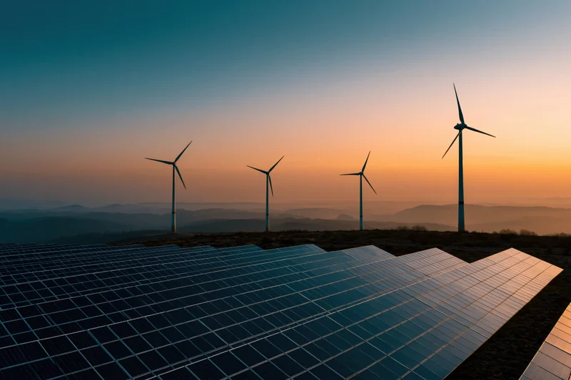Solar panels arranged in rows with wind turbines on a hill at sunset