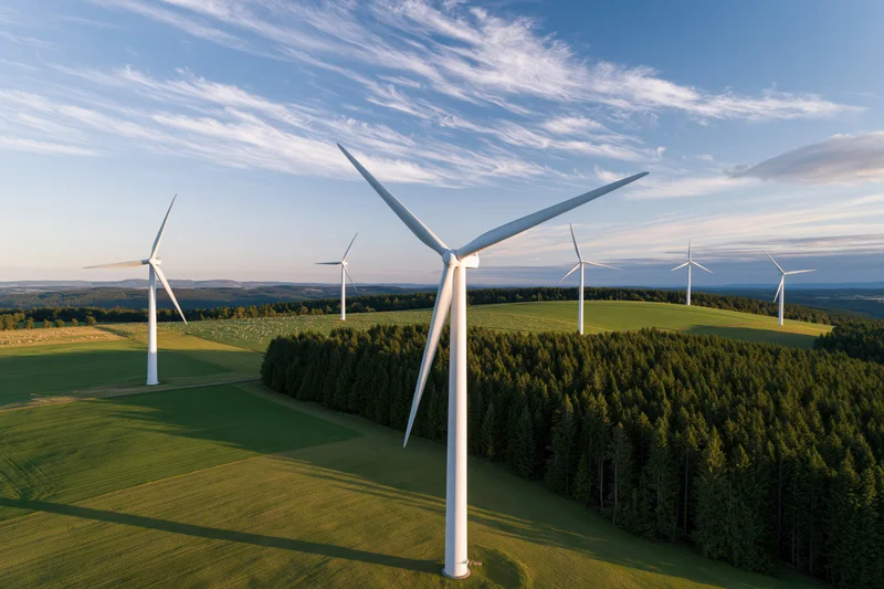 Multiple white wind turbines standing in a green field beside a forest under a blue sky with scattered clouds