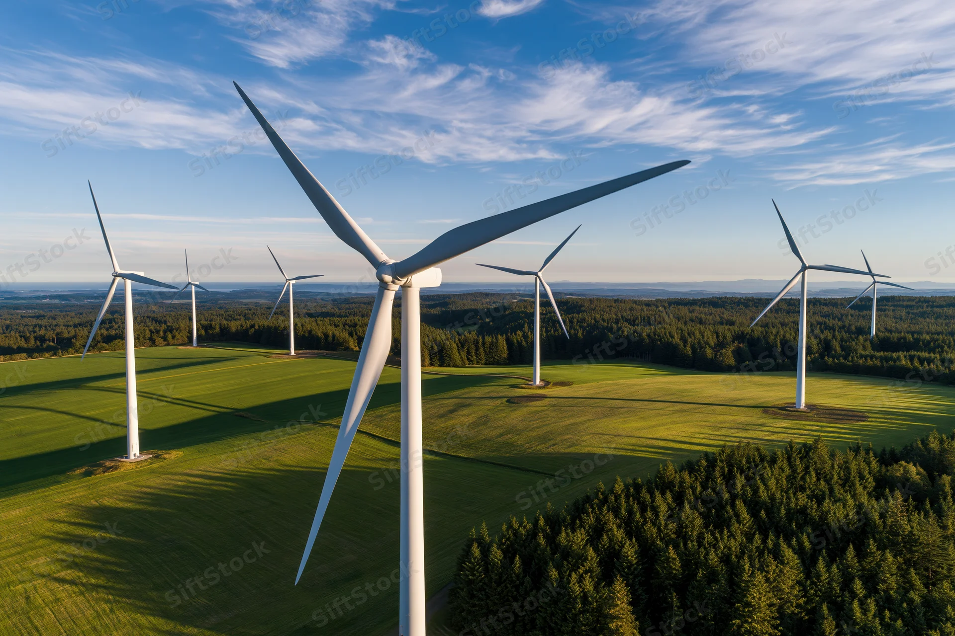 Aerial view of wind turbines in a green field surrounded by forest under a blue sky