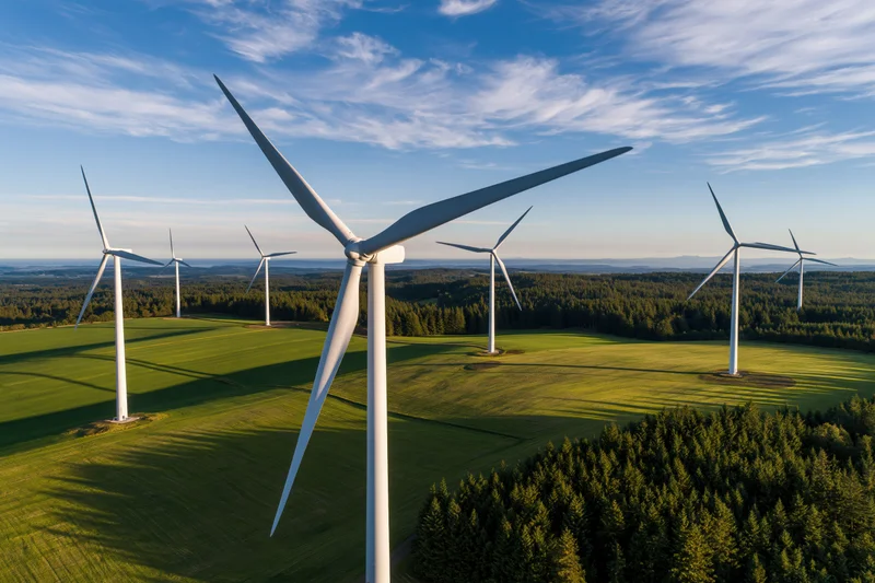 Aerial view of wind turbines in a green field surrounded by forest under a blue sky