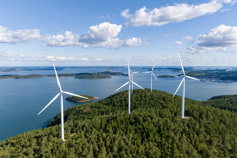 Wind turbines on forested hills overlooking coastal waters