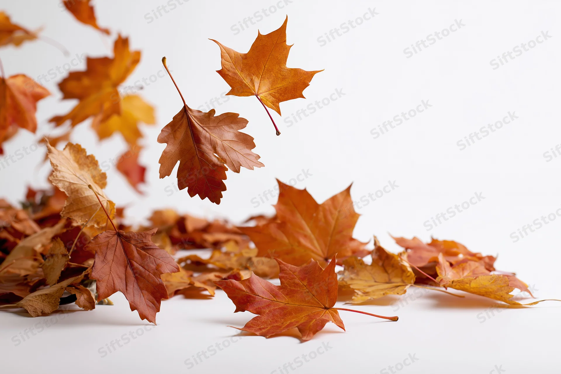 Autumn maple leaves falling and scattered on a white surface with copyspace