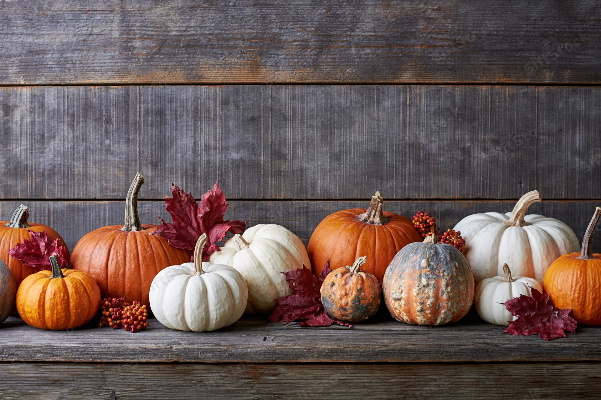 Assorted pumpkins and gourds arranged in a row on a wooden surface with autumn leaves and berries