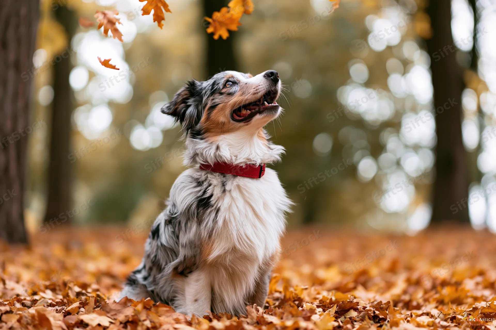 Australian shepherd dog sitting upright in fallen autumn leaves in a forest clearing