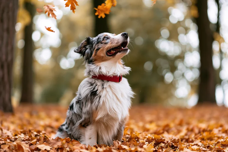 Australian shepherd dog sitting upright in fallen autumn leaves in a forest clearing
