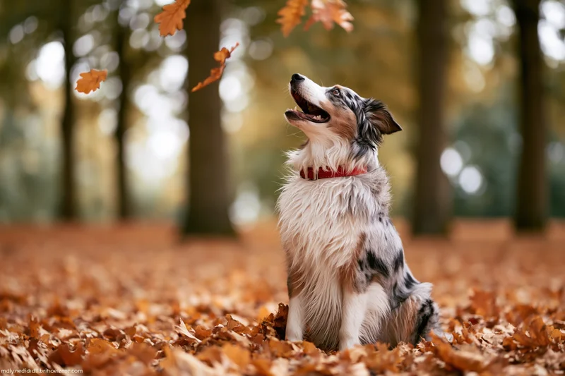 Australian shepherd dog sitting upright in a pile of fallen autumn leaves in a forest
