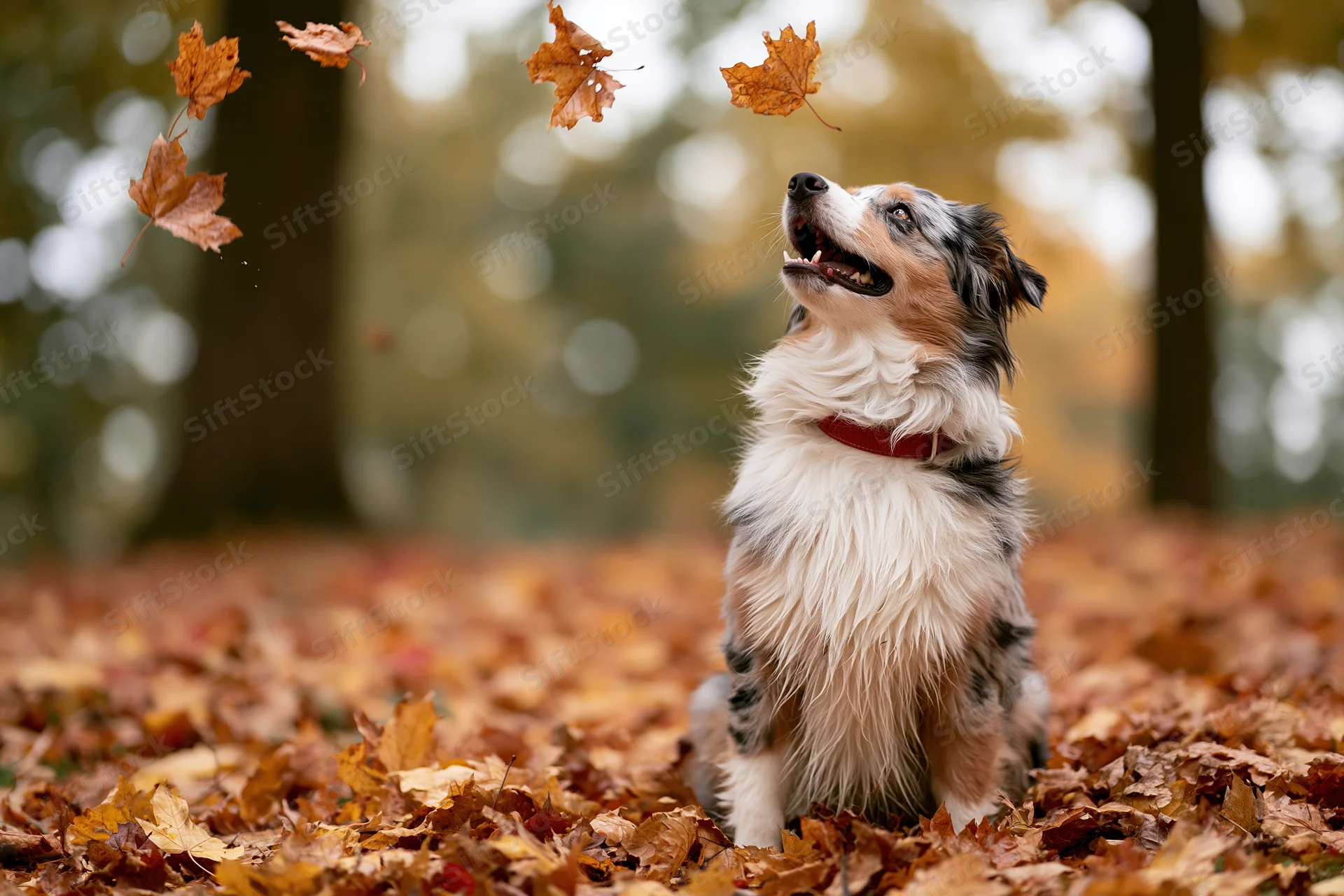 Australian shepherd dog sitting upright in a pile of fallen autumn leaves with mouth open looking up at falling leaves