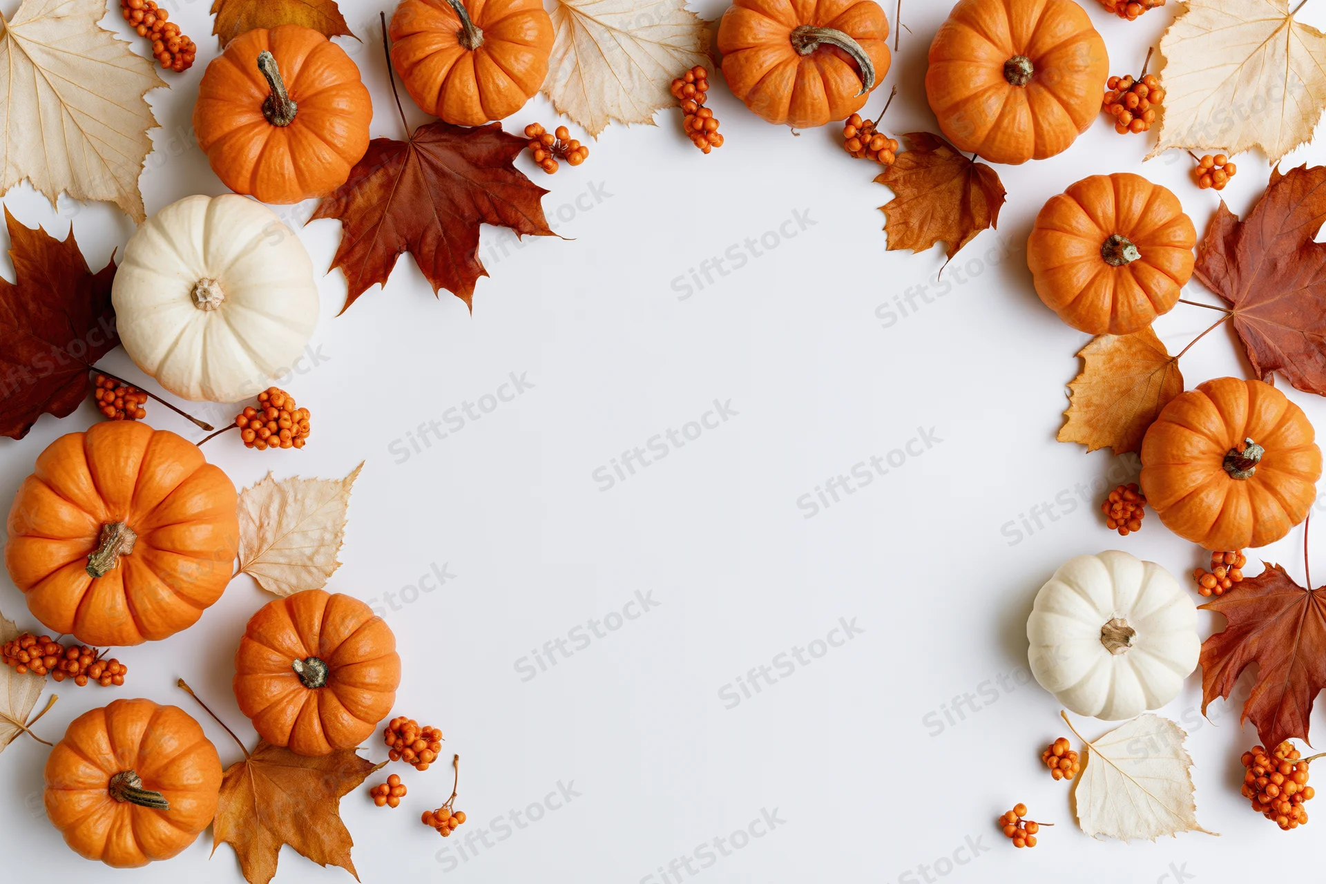 Small orange and white pumpkins arranged with autumn leaves and berries in a flat lay border on white background