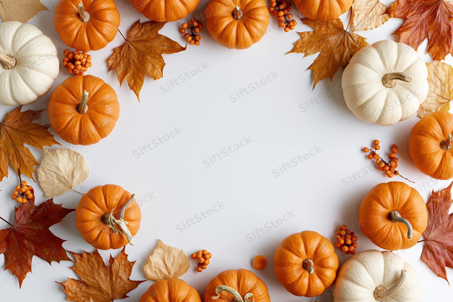 Small orange and white pumpkins arranged with maple leaves and berries in a flat lay border on white background