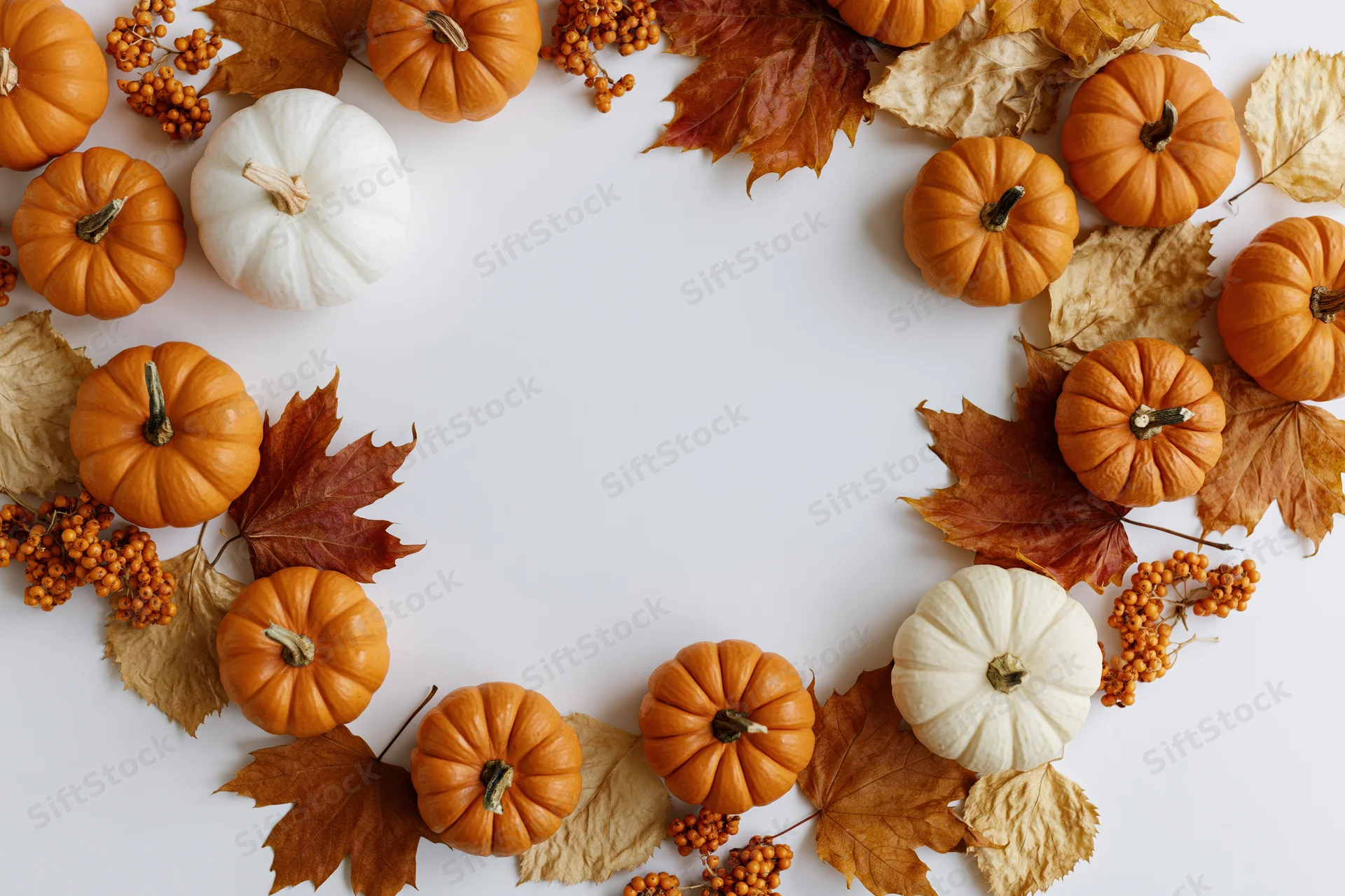Small orange and white pumpkins arranged with autumn leaves and berries in a flat lay on white background