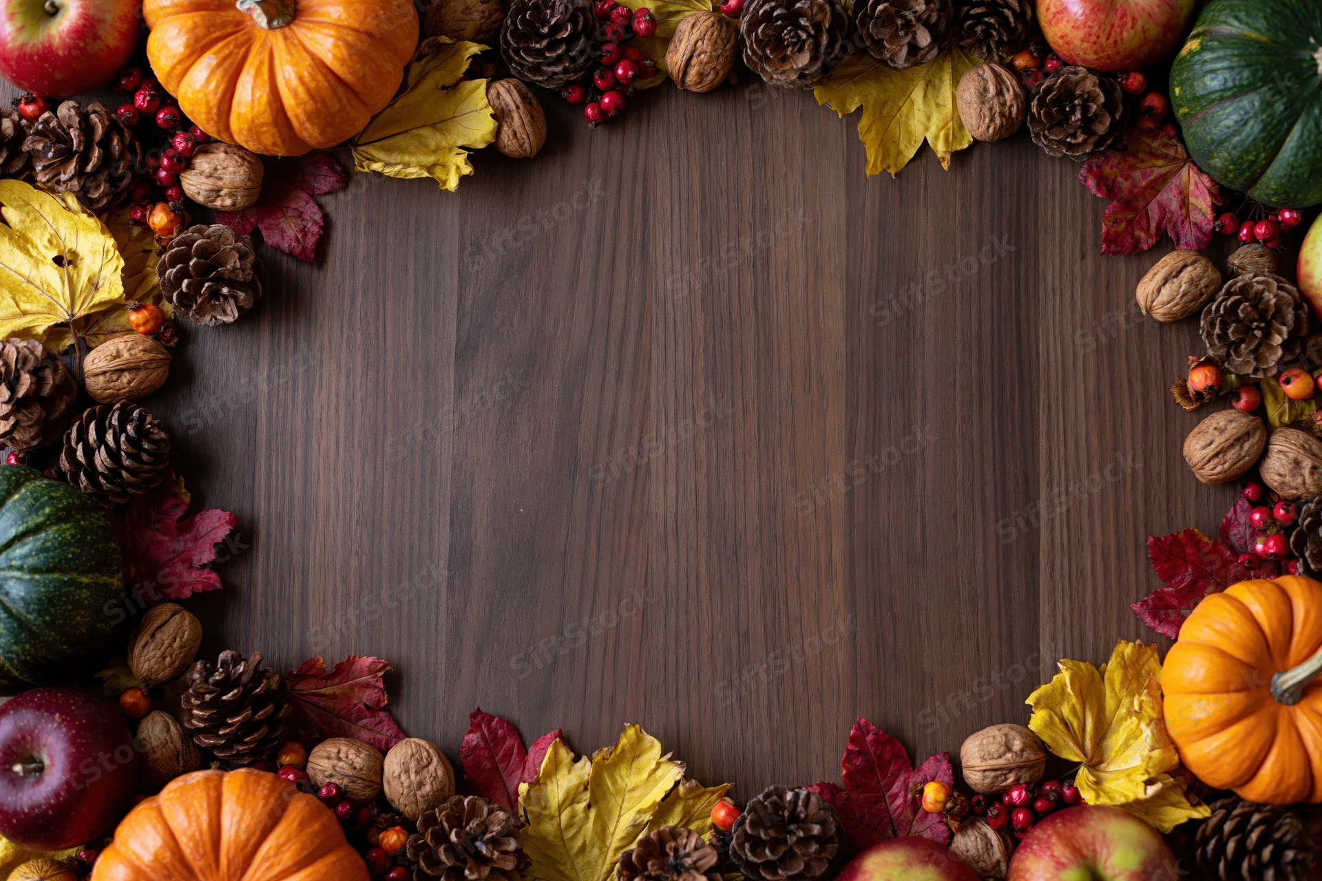 Autumn harvest flat lay arrangement framing the edges of a dark wooden table with copyspace in center