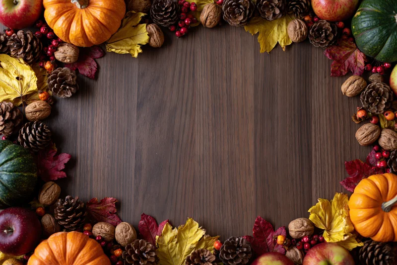 Autumn harvest flat lay arrangement framing the edges of a dark wooden table with copyspace in center