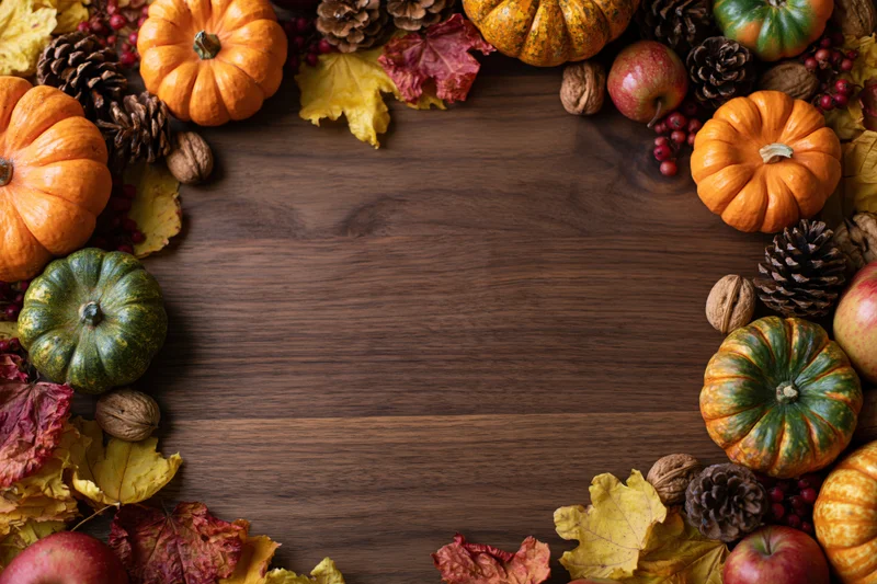 Autumn harvest flat lay arrangement framing the edges of a wooden table with copyspace in center