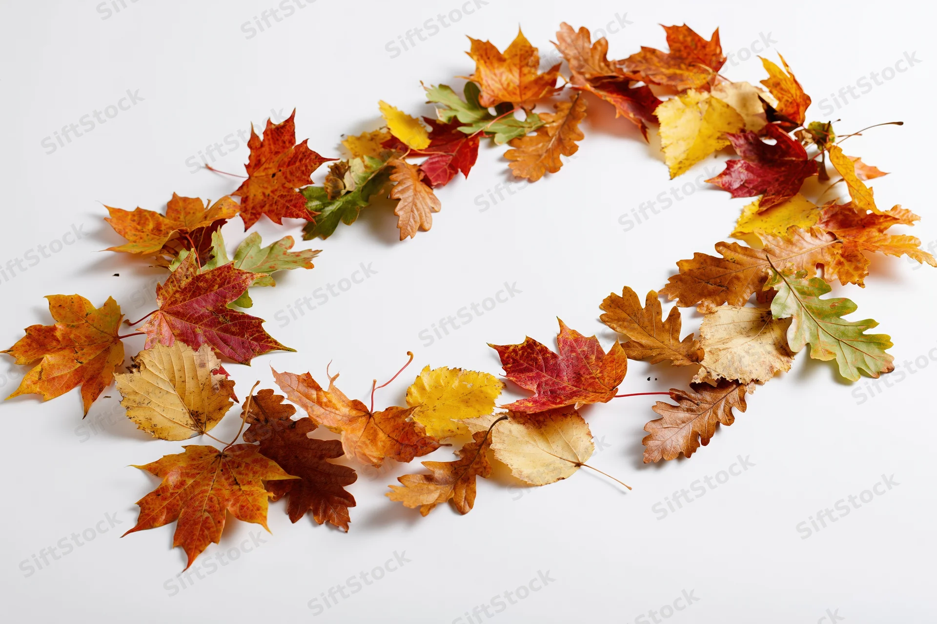 Autumn leaves arranged in a circular wreath on a white background