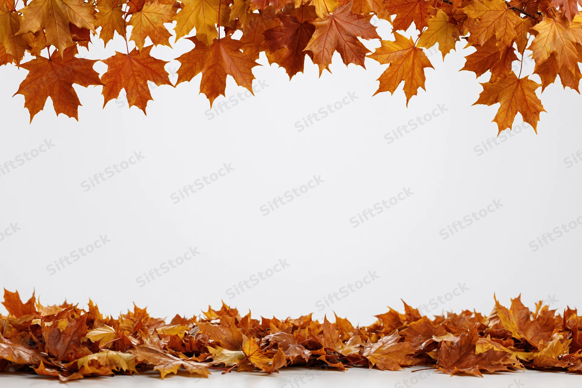 Maple leaves hanging from top and scattered along bottom on white background with copyspace