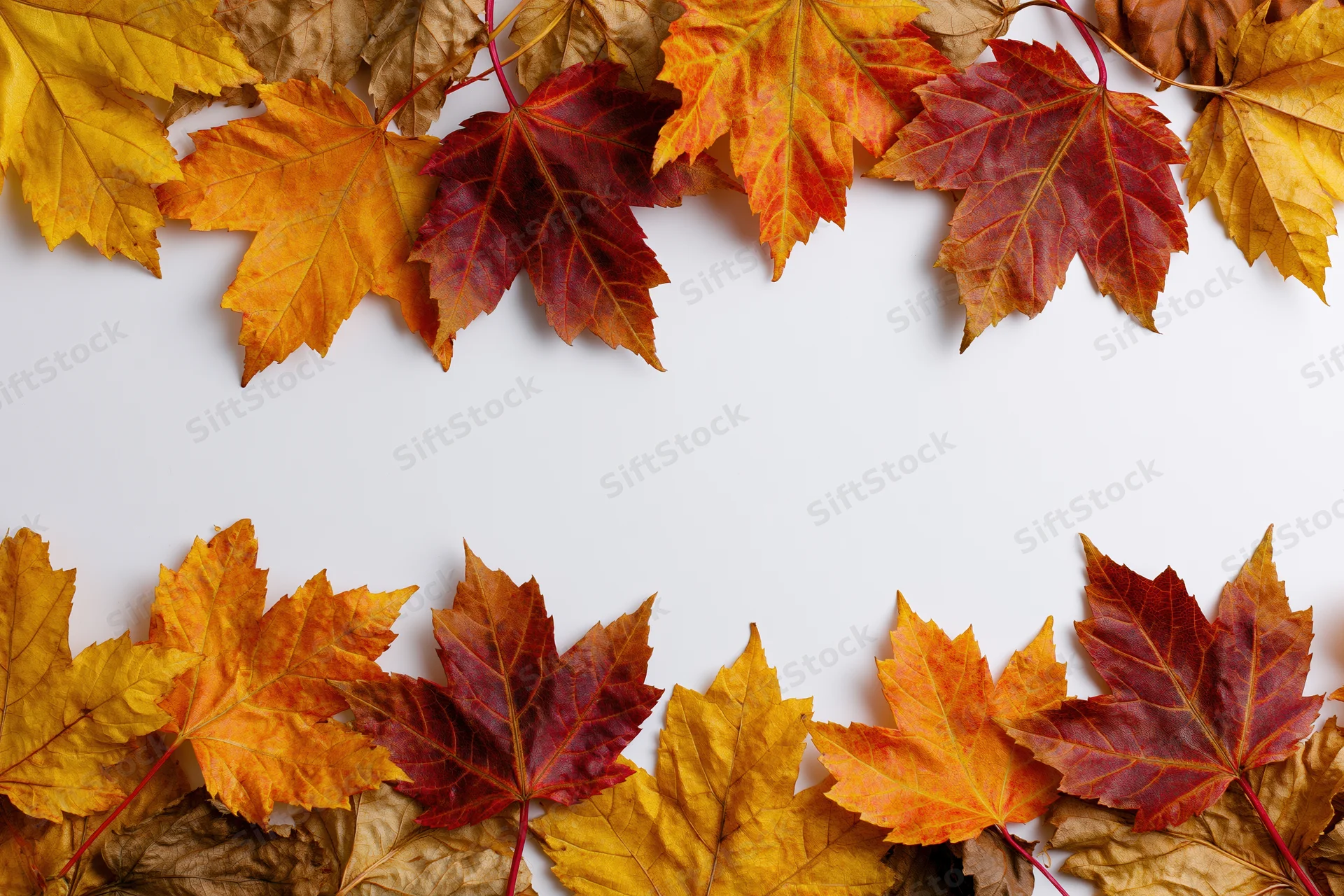 Maple leaves arranged in a flat-lay border frame on white background with copyspace